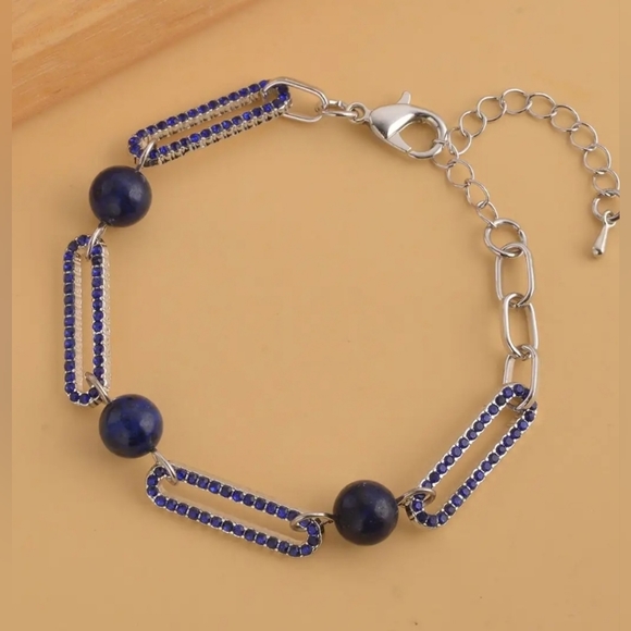 SET Lapis Lazuli & Blue Austrian Crystal Paper Clip Bracelet & Drop Earrings 💙 - Picture 4 of 16